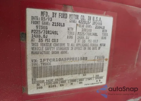 1993 Ford Ranger из США, поврежденный, VIN 1FTCR10A5PPB01585